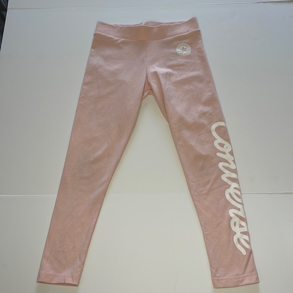 1619- Girls light pink and white logo converse leggings- large